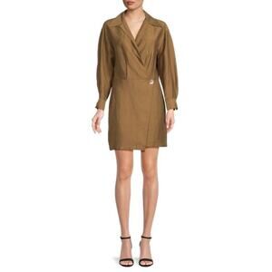 Vince Shaped Collar Linen Blend Wrap Dress in Dark Almond Old Money Resort Wear